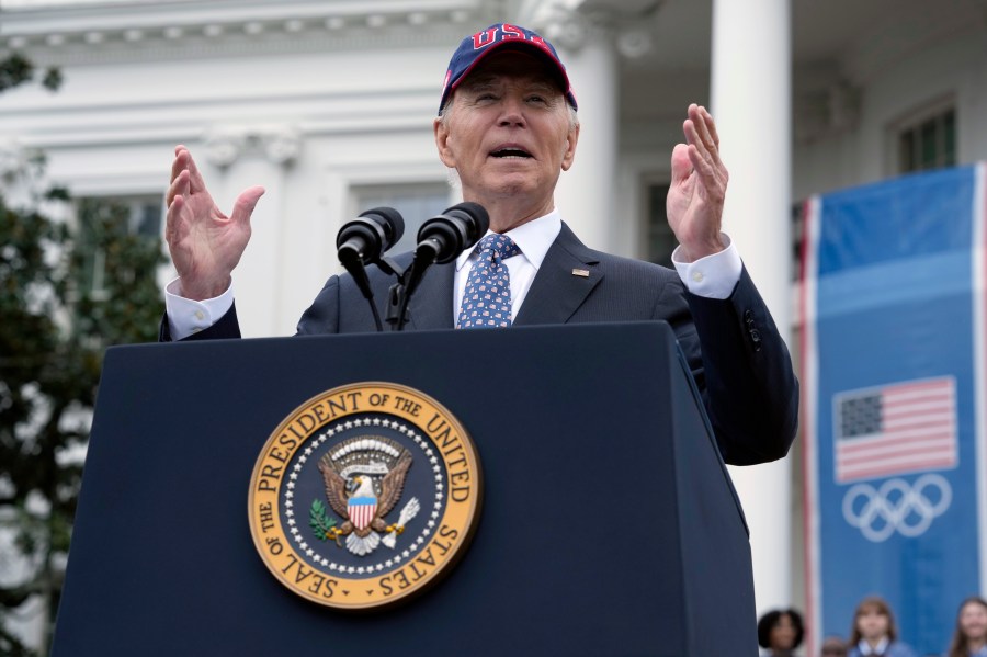 President Joe Biden delivers remarks at an event celebrating the 2024 U.S. Olympic and Paralympic teams on the South Lawn of the White House in Washington, Monday, Sept. 30, 2024. (AP Photo/Susan Walsh)