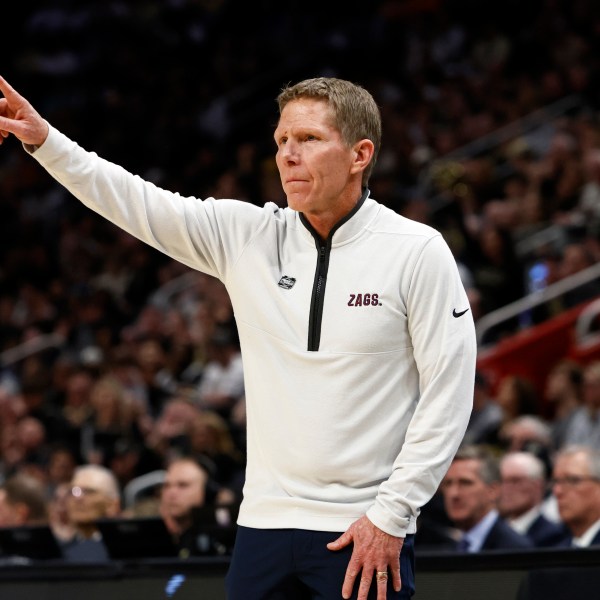 FILE - Gonzaga head coach Mark Few signals from the sideline during the first half of a Sweet 16 college basketball game against Purdue in the NCAA Tournament, March 29, 2024, in Detroit. (AP Photo/Duane Burleson, File)