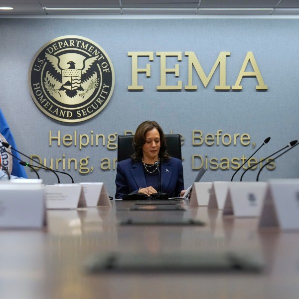 Democratic presidential nominee Vice President Kamala Harris attends a briefing at FEMA headquarters, Monday, Sept. 30, 2024, in Washington, on recovery and assistance efforts after Hurricane Helene. (AP Photo/Jacquelyn Martin)