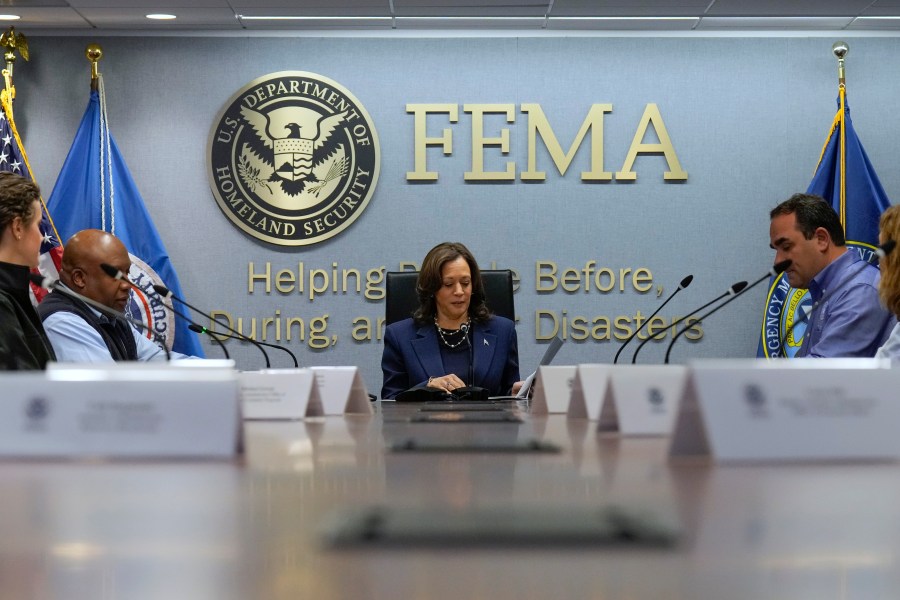 Democratic presidential nominee Vice President Kamala Harris attends a briefing at FEMA headquarters, Monday, Sept. 30, 2024, in Washington, on recovery and assistance efforts after Hurricane Helene. (AP Photo/Jacquelyn Martin)