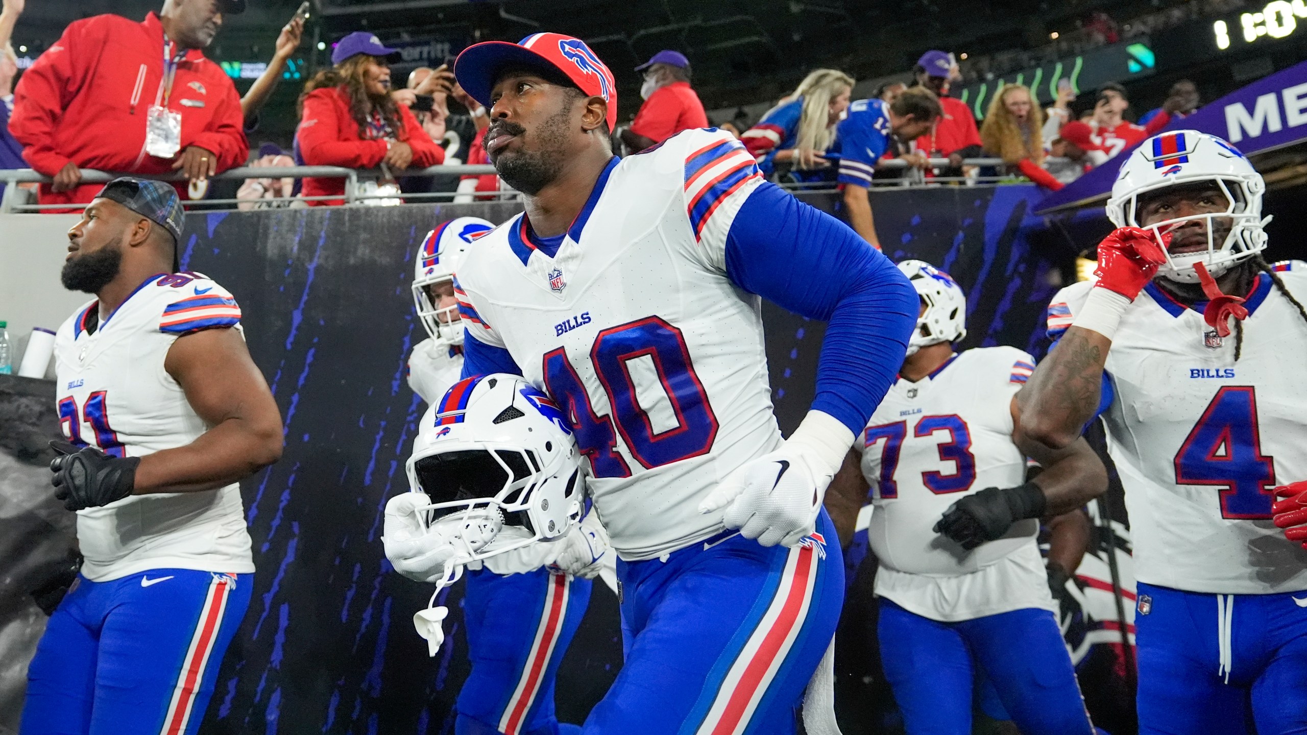 Buffalo Bills linebacker Von Miller (40) takes the field with teammates prior to an NFL football game against the Baltimore Ravens, Sunday, Sept. 29, 2024, in Baltimore. (AP Photo/Stephanie Scarbrough)