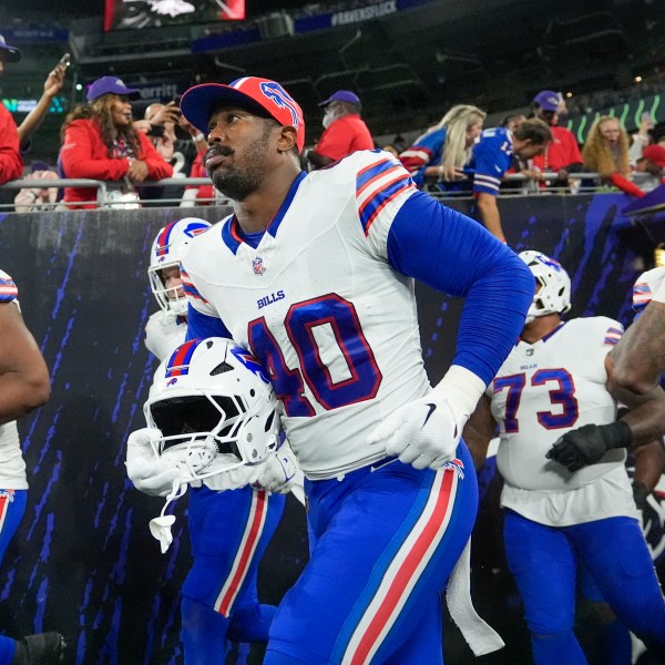 Buffalo Bills linebacker Von Miller (40) takes the field with teammates prior to an NFL football game against the Baltimore Ravens, Sunday, Sept. 29, 2024, in Baltimore. (AP Photo/Stephanie Scarbrough)