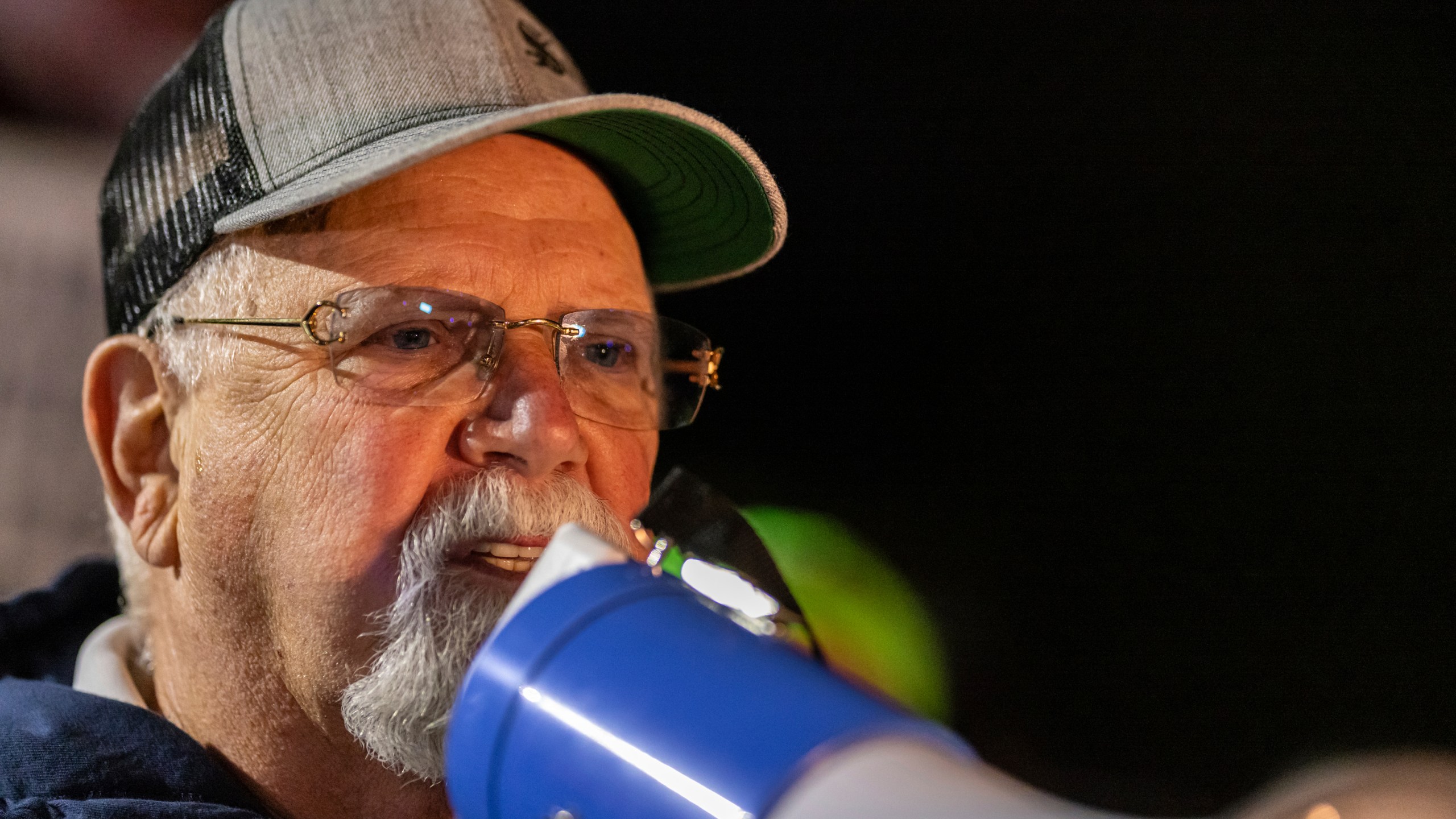 International Longshoreman's Association President, Harold J. Daggett speaks to union workers at the Port Newark/Elizabeth-Port Authority Marine Terminal complex on Tuesday Oct. 1, 2024 in New Jersey. (AP Photo/Stefan Jeremiah)