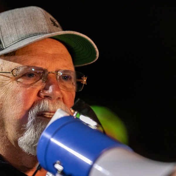 International Longshoreman's Association President, Harold J. Daggett speaks to union workers at the Port Newark/Elizabeth-Port Authority Marine Terminal complex on Tuesday Oct. 1, 2024 in New Jersey. (AP Photo/Stefan Jeremiah)