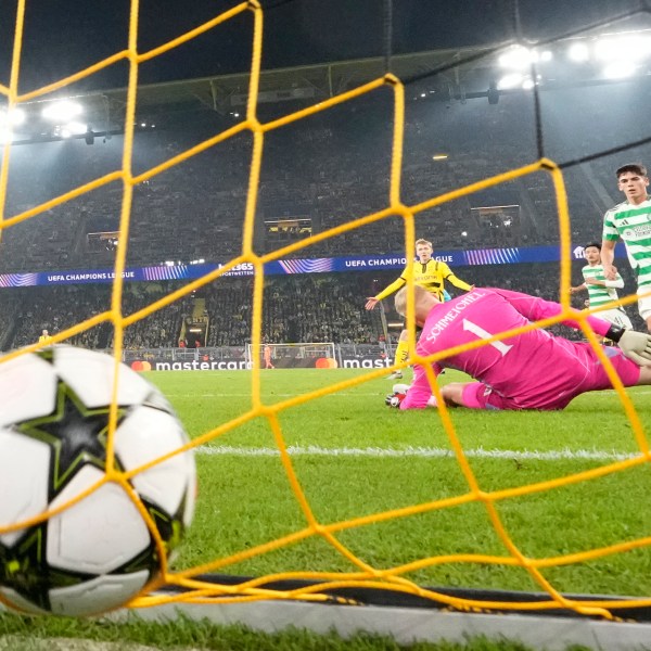 Celtic's goalkeeper Kasper Schmeichel receives the 6th goal by Dortmund's Serhou Guirassy during the Champions League opening phase soccer match between Borussia Dortmund and Celtic FC at the BVB Stadion in Dortmund, Tuesday, Oct. 1, 2024. (AP Photo/Martin Meissner)