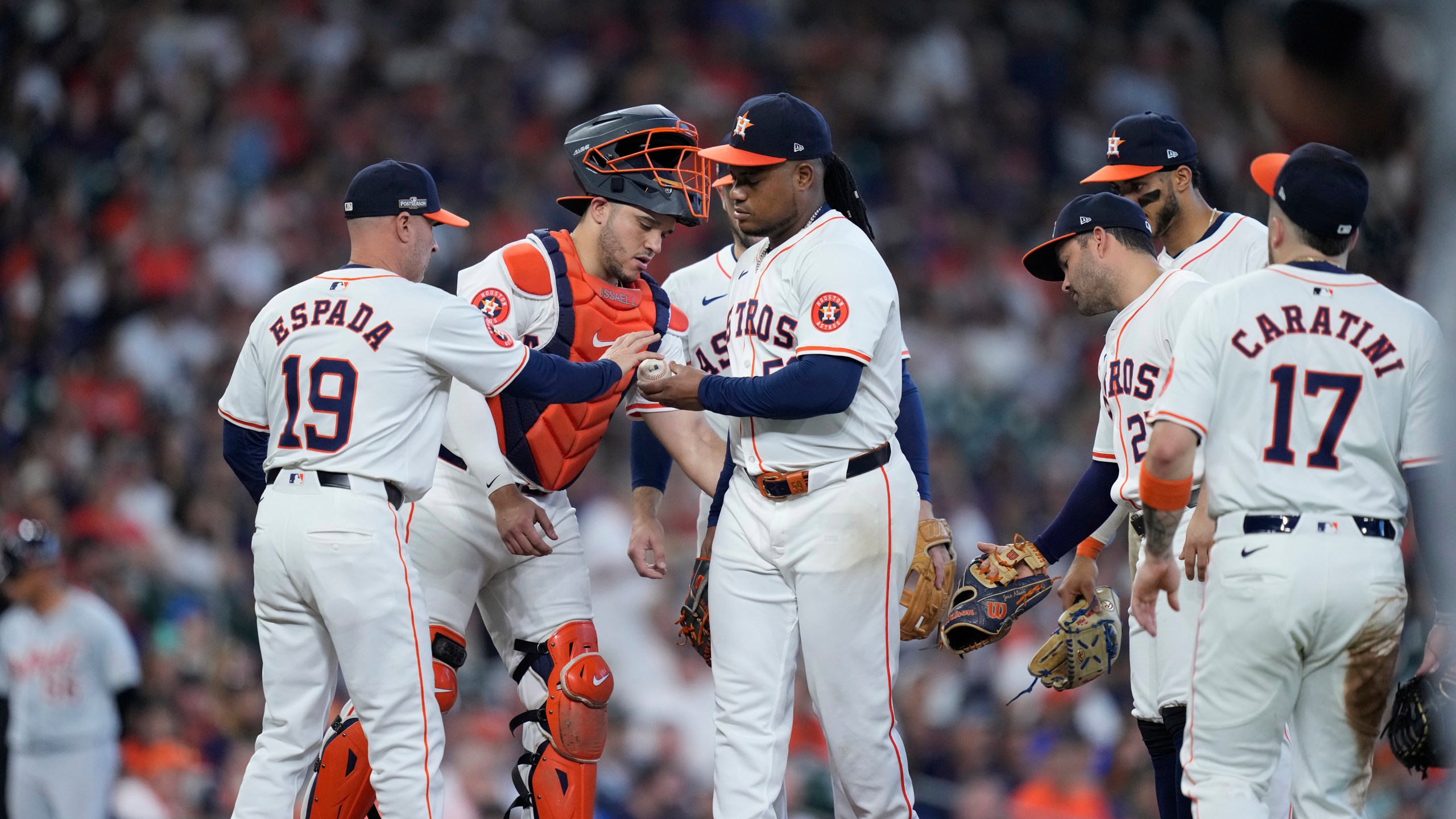 Houston Astros starting pitcher Framber Valdez is relieved during the fifth inning of Game 1 of an AL Wild Card Series baseball game against the Detroit Tigers, Tuesday, Oct. 1, 2024, in Houston. (AP Photo/Kevin M. Cox)