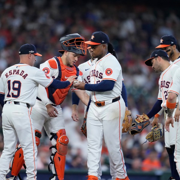 Houston Astros starting pitcher Framber Valdez is relieved during the fifth inning of Game 1 of an AL Wild Card Series baseball game against the Detroit Tigers, Tuesday, Oct. 1, 2024, in Houston. (AP Photo/Kevin M. Cox)