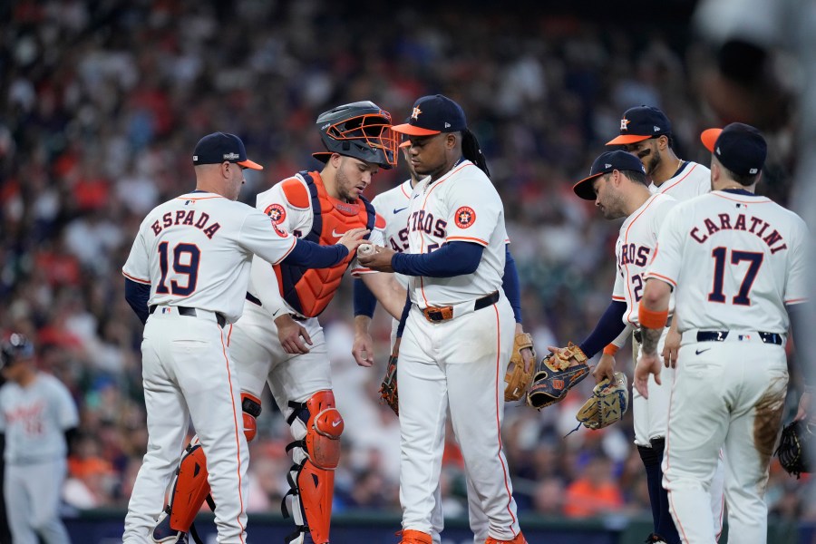 Houston Astros starting pitcher Framber Valdez is relieved during the fifth inning of Game 1 of an AL Wild Card Series baseball game against the Detroit Tigers, Tuesday, Oct. 1, 2024, in Houston. (AP Photo/Kevin M. Cox)