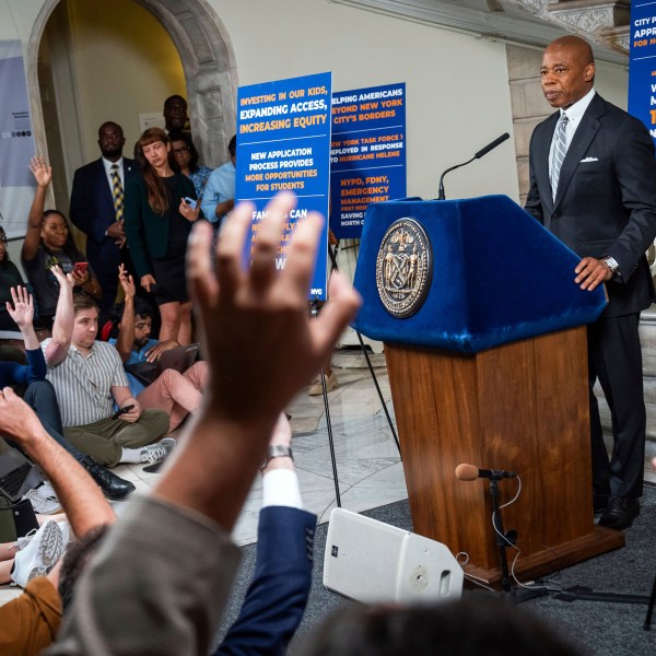 This photo provided by the New York Mayoral Photography Office shows New York City Mayor Eric Adams during his in-person media availability at City Hall, Tuesday, Oct. 1, 2024, in New York. (Ed Reed/New York Mayoral Photography Office via AP)