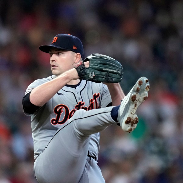 Detroit Tigers starting pitcher Tarik Skubal throws during the first inning of Game 1 of an AL Wild Card Series baseball game against the Houston Astros, Tuesday, Oct. 1, 2024, in Houston. (AP Photo/Kevin M. Cox)