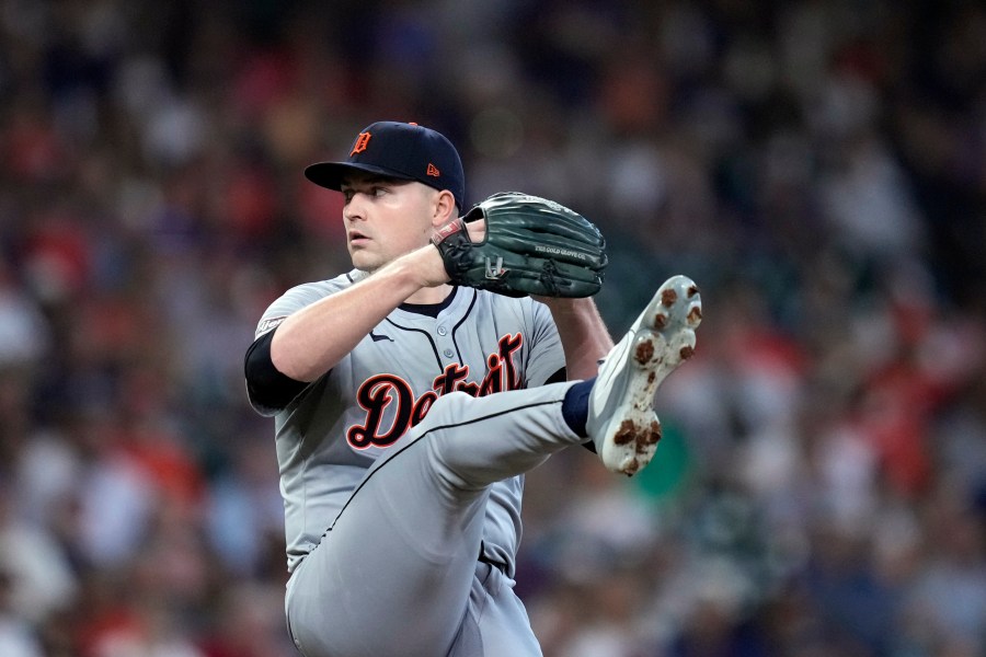 Detroit Tigers starting pitcher Tarik Skubal throws during the first inning of Game 1 of an AL Wild Card Series baseball game against the Houston Astros, Tuesday, Oct. 1, 2024, in Houston. (AP Photo/Kevin M. Cox)