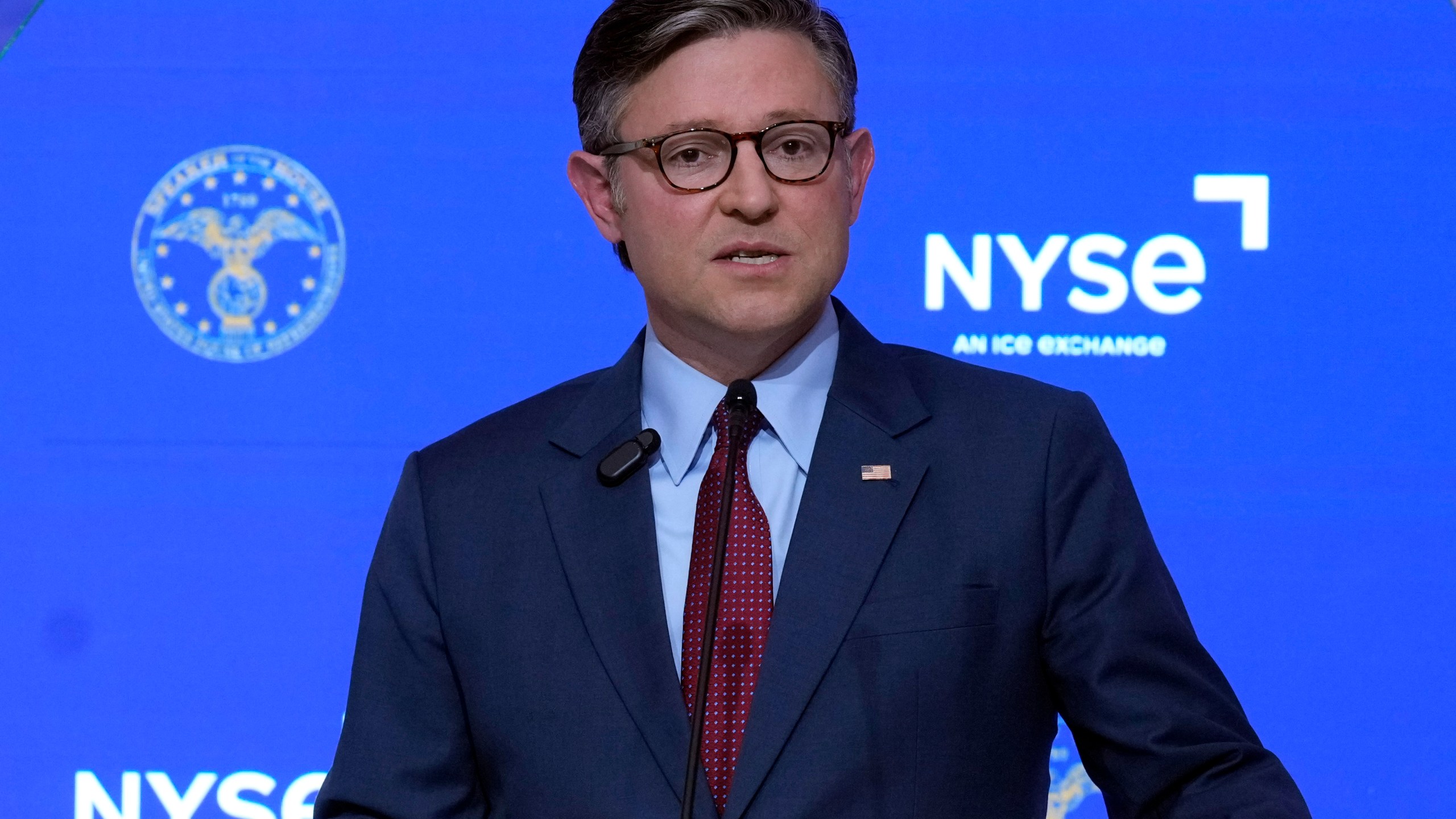 Speaker of the House Mike Johnson, R-La., delivers an economic address to financial and business leaders, at the New York Stock Exchange, Tuesday, Oct. 1, 2024. (AP Photo/Richard Drew)