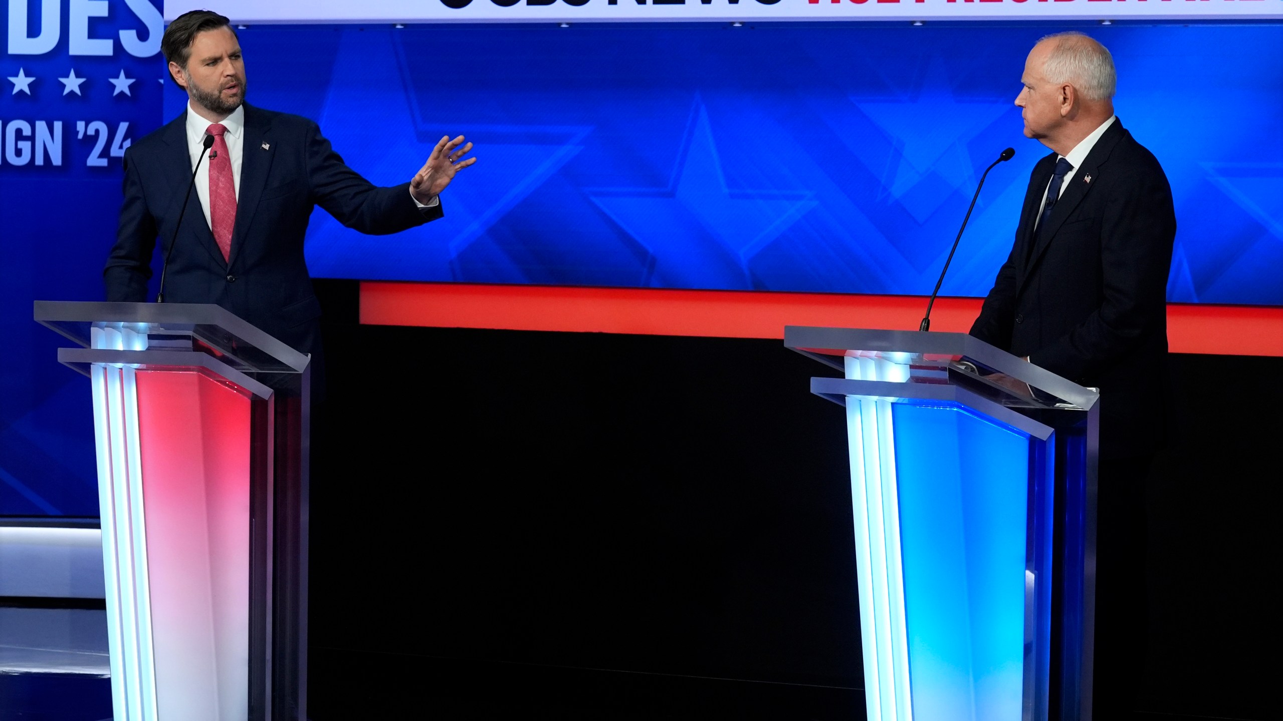 Republican vice presidential nominee Sen. JD Vance, R-Ohio, speaks during a vice presidential debate hosted by CBS News, with Democratic vice presidential candidate Minnesota Gov. Tim Walz, Tuesday, Oct. 1, 2024, in New York. (AP Photo/Matt Rourke)