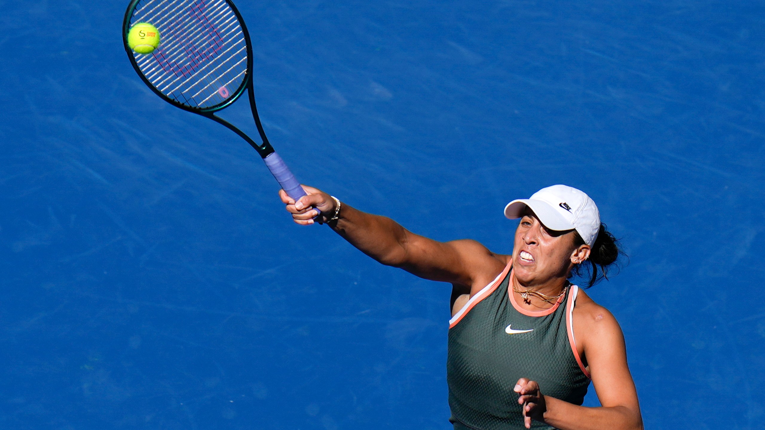 Madison Keys of the United States returns a shot from Aryna Sabalenka of Belarus during their women's singles match of the China Open tennis tournament at the National Tennis Center in Beijing, Wednesday, Oct. 2, 2024. (AP Photo/Andy Wong)