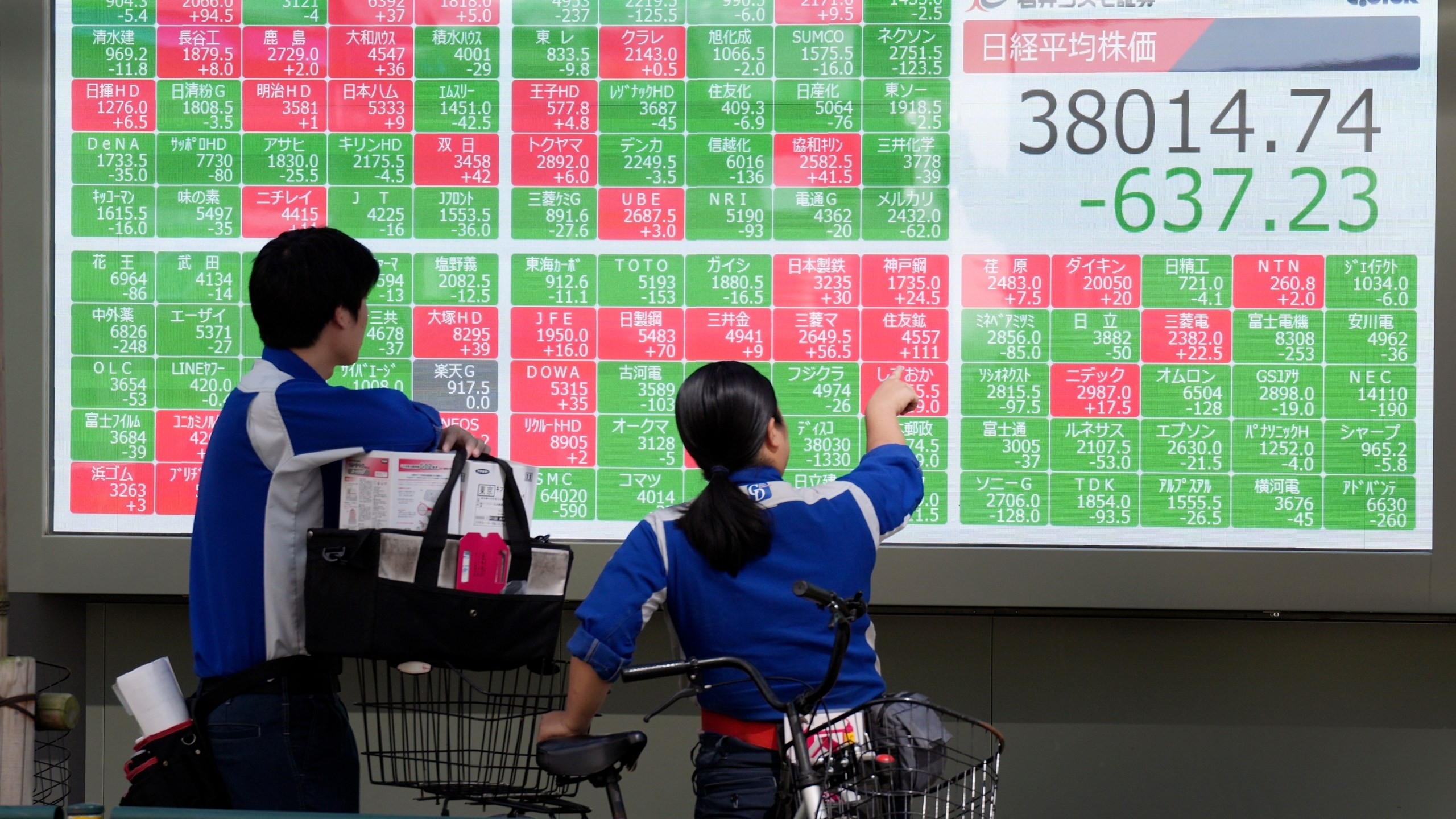 People watch an electronic stock board showing Japan's Nikkei index at a securities firm Wednesday, Oct. 2, 2024, in Tokyo. (AP Photo/Eugene Hoshiko)