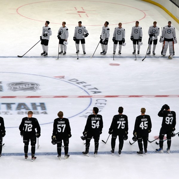 FILE - The Utah Hockey Club development camp intrasquad is introduced before their scrimmage at the Delta Center, Friday, July 5, 2024, in Salt Lake City. (AP Photo/Rick Bowmer, File)