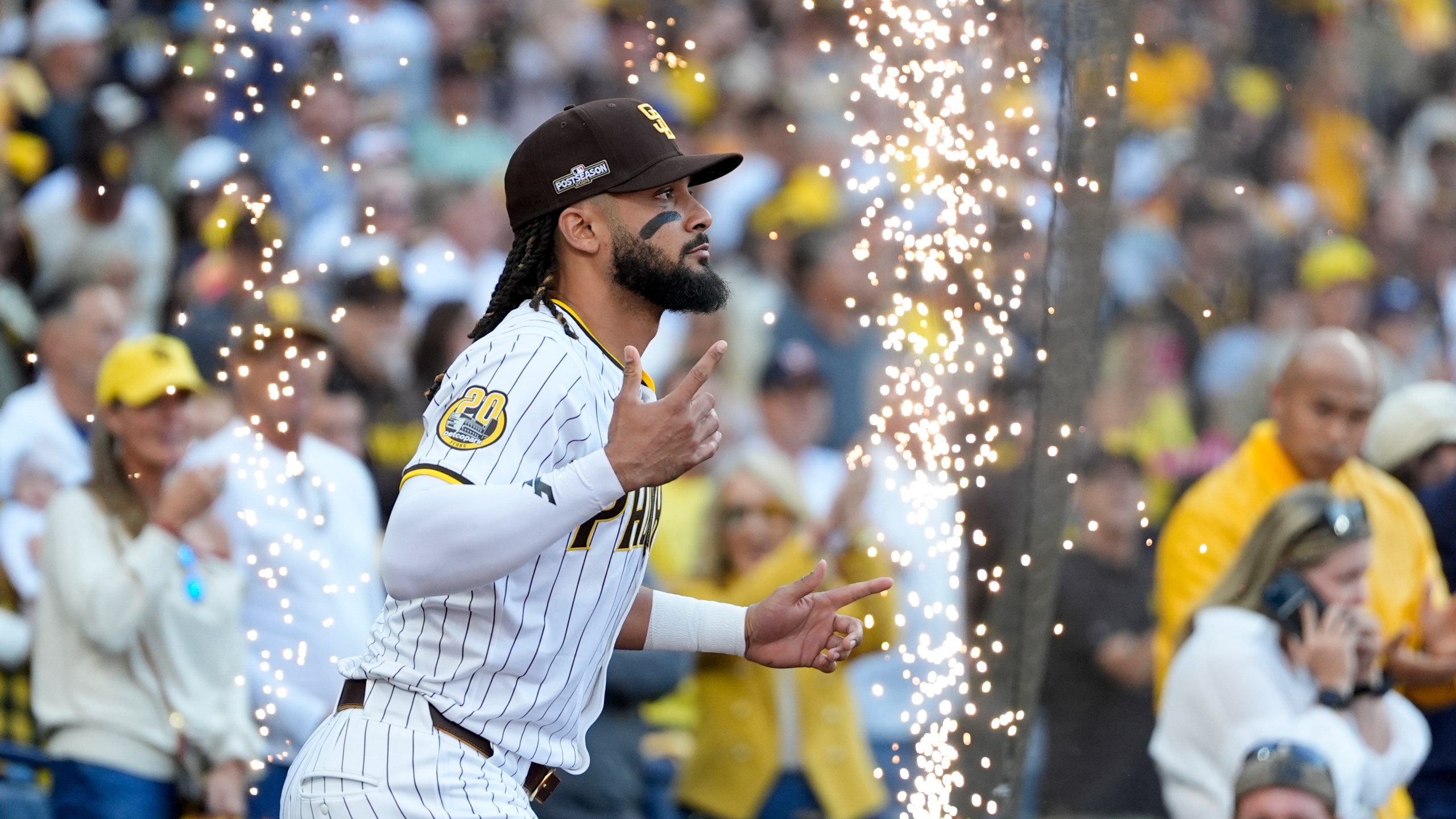 San Diego Padres' Fernando Tatis Jr. is introduced before Game 1 of an NL Wild Card Series baseball game against the Atlanta Braves, Tuesday, Oct. 1, 2024, in San Diego. (AP Photo/Gregory Bull)