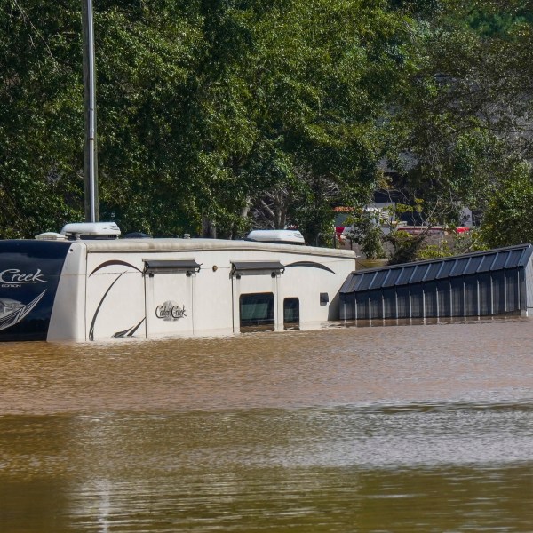 FILE - The Riverside RV park was flooded from the overflowing Catawba River after torrential rain from Hurricane Helene, Sept. 28, 2024, in Morganton, N.C. (AP Photo/Kathy Kmonicek, File)