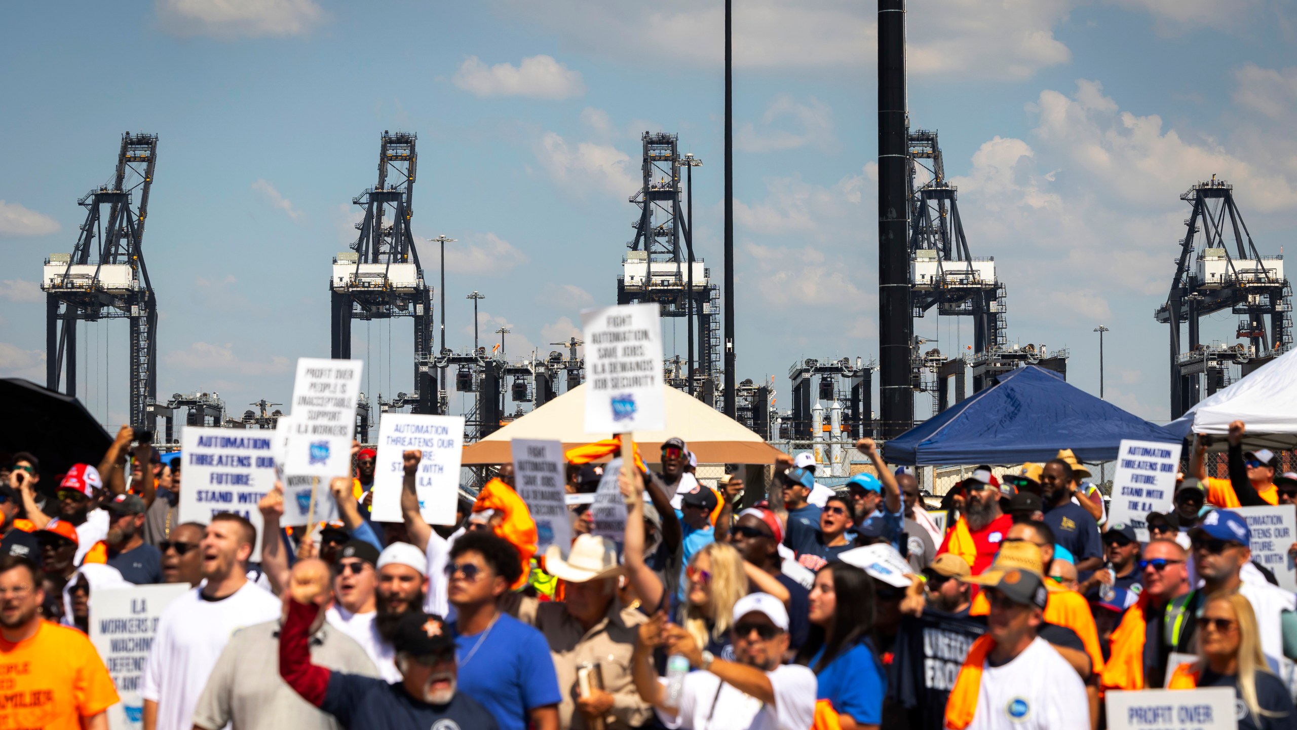 FILE - Cranes usually running day and night are shut down during a strike by ILA members at the Bayport Container Terminal on Oct. 1, 2024, in Houston. (AP Photo/Annie Mulligan, File)