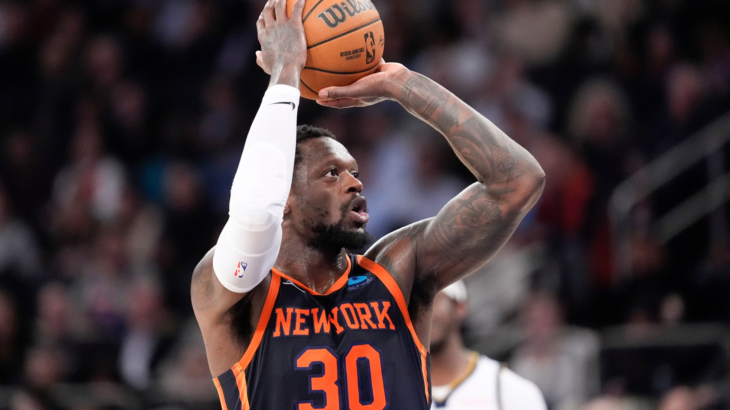 FILE - New York Knicks forward Julius Randle looks to shoot a free throw in the second half of an NBA basketball game against the Denver Nuggets, on Jan. 25, 2024, at Madison Square Garden in New York. (AP Photo/Mary Altaffer, File)