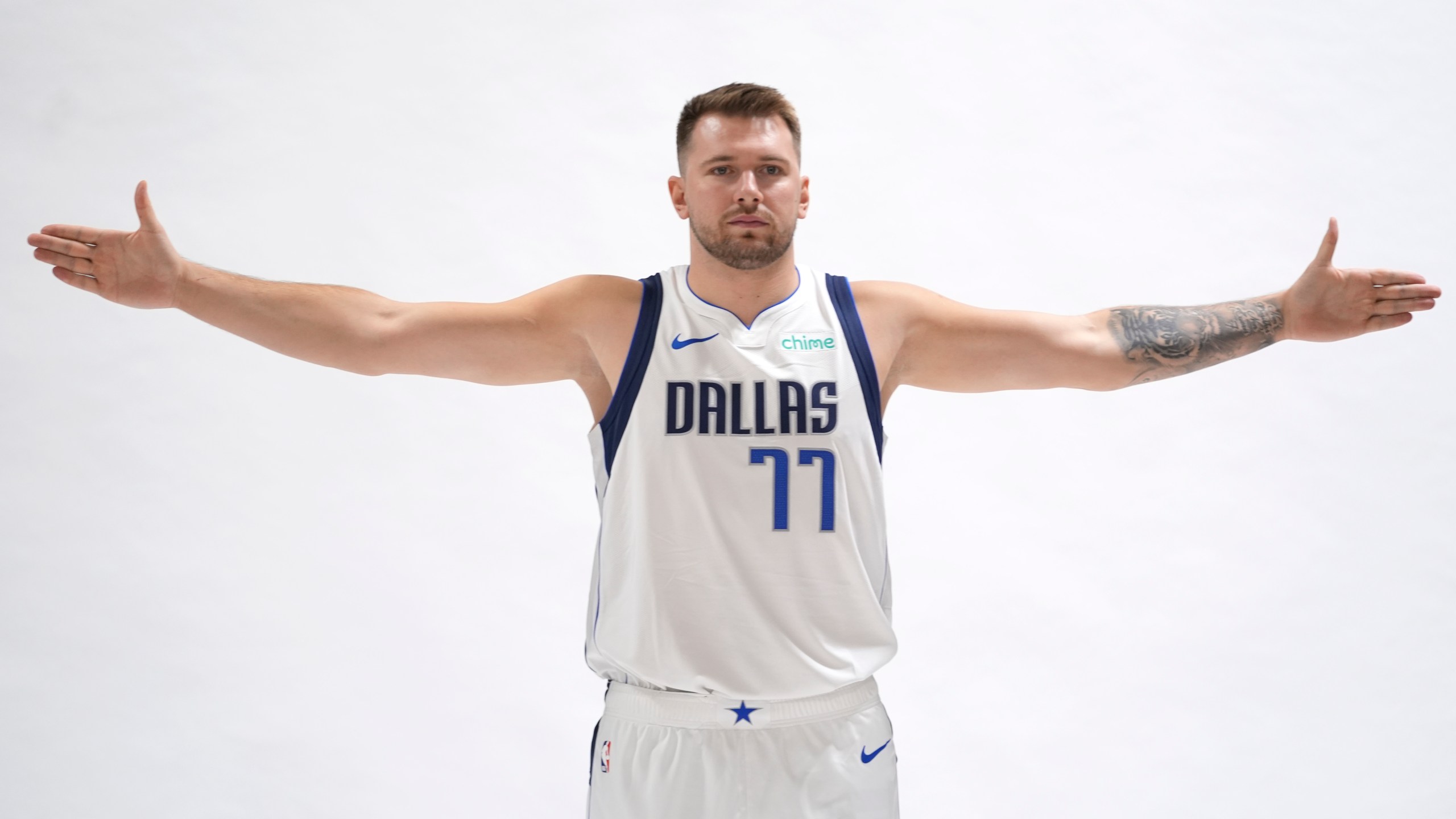 Dallas Mavericks guard Luka Doncic poses for a photo during the NBA basketball team's media day Monday, Sept. 30, 2024, in Dallas. (AP Photo/LM Otero)