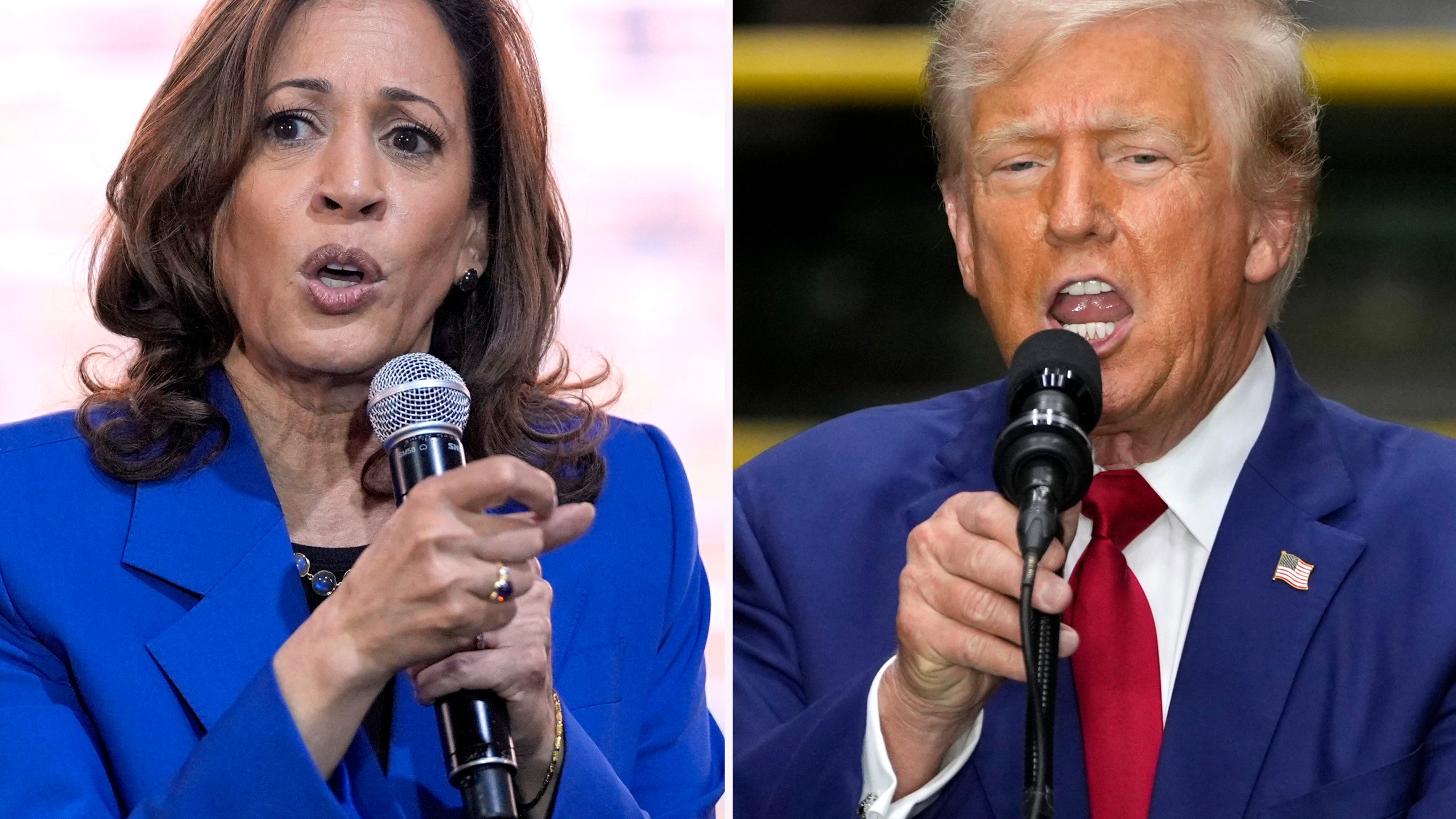 In this combination of photos taken in Pennsylvania, Democratic presidential nominee Vice President Kamala Harris speaks at a campaign event, Aug. 18, 2024, in Rochester, left, and Republican presidential nominee former President Donald Trump speaks during a campaign event, Aug. 19, 2024, in York. (AP Photo)