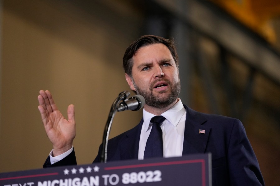 Republican vice presidential nominee Sen. JD Vance, R-Ohio, speaks at a campaign event, Wednesday, Oct. 2, 2024, in Auburn Hills, Mich. (AP Photo/Carlos Osorio)