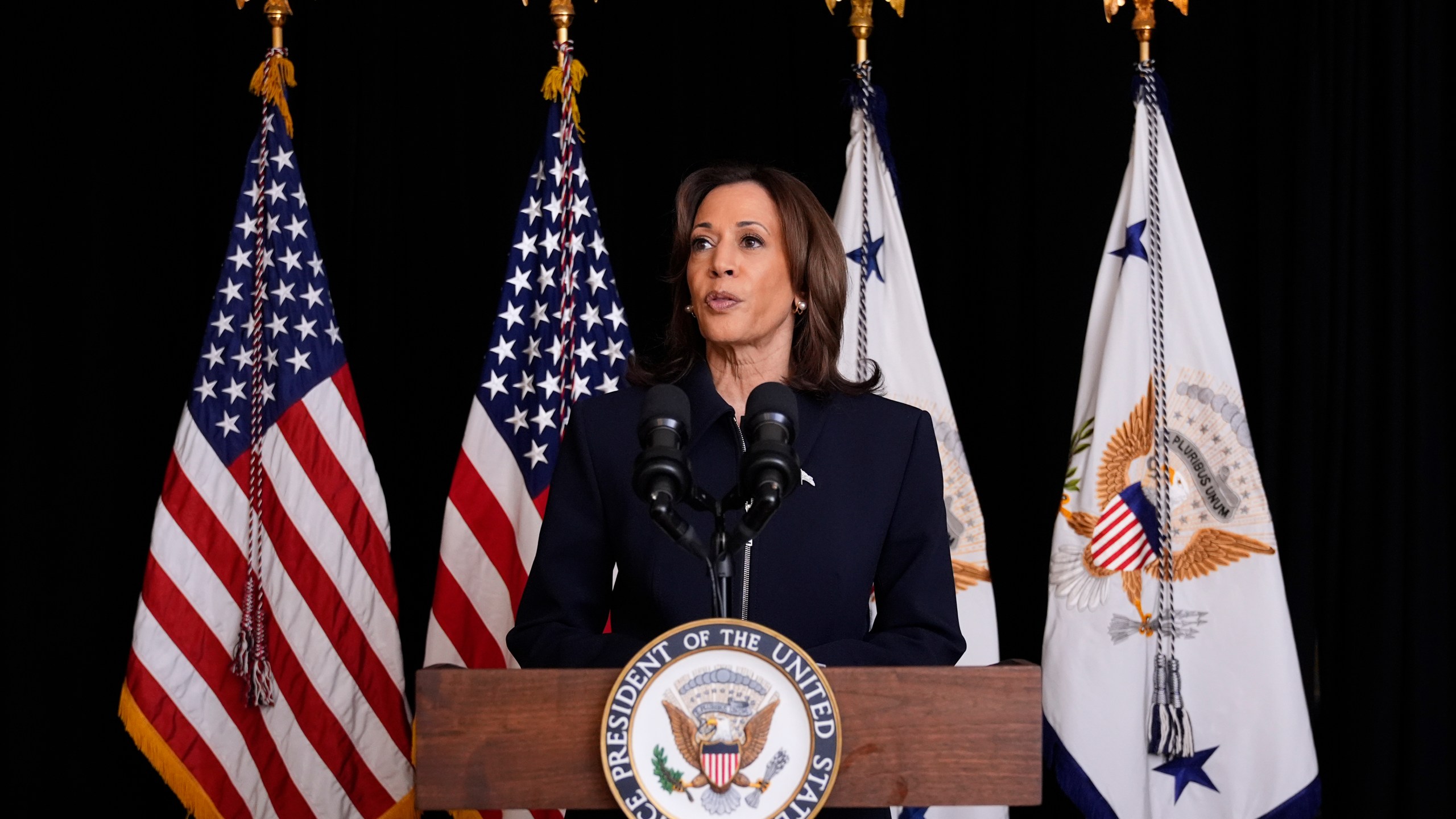 Democratic presidential nominee Vice President Kamala Harris speaks to members of the media, Tuesday Oct. 1, 2024, in Washington. (AP Photo/Jacquelyn Martin)