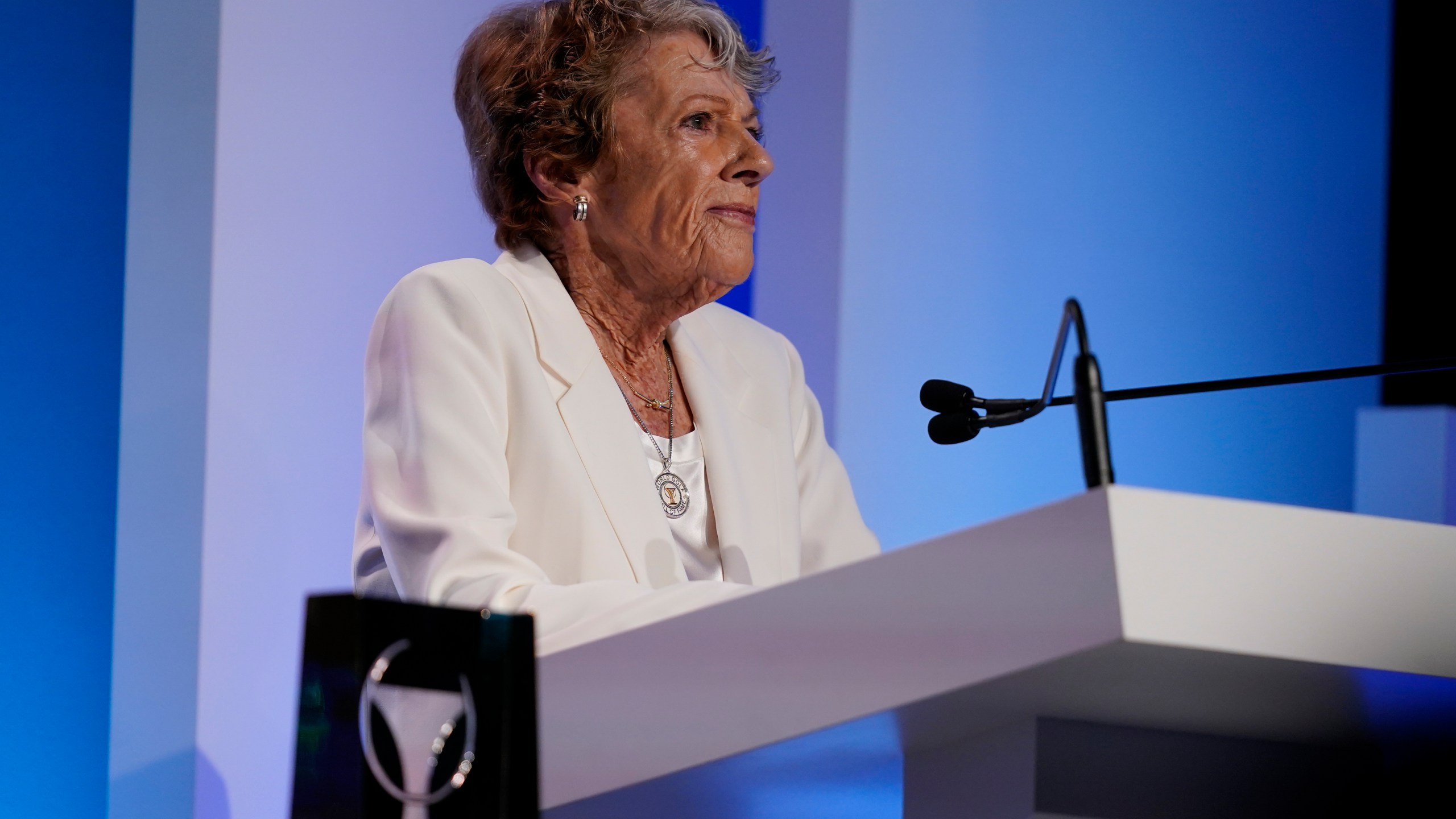 FILE - Susie Maxwell Berning speaks during her induction into the World Golf Hall of Fame, March 9, 2022, in Ponte Vedra Beach, Fla. (AP Photo/Gerald Herbert, File)