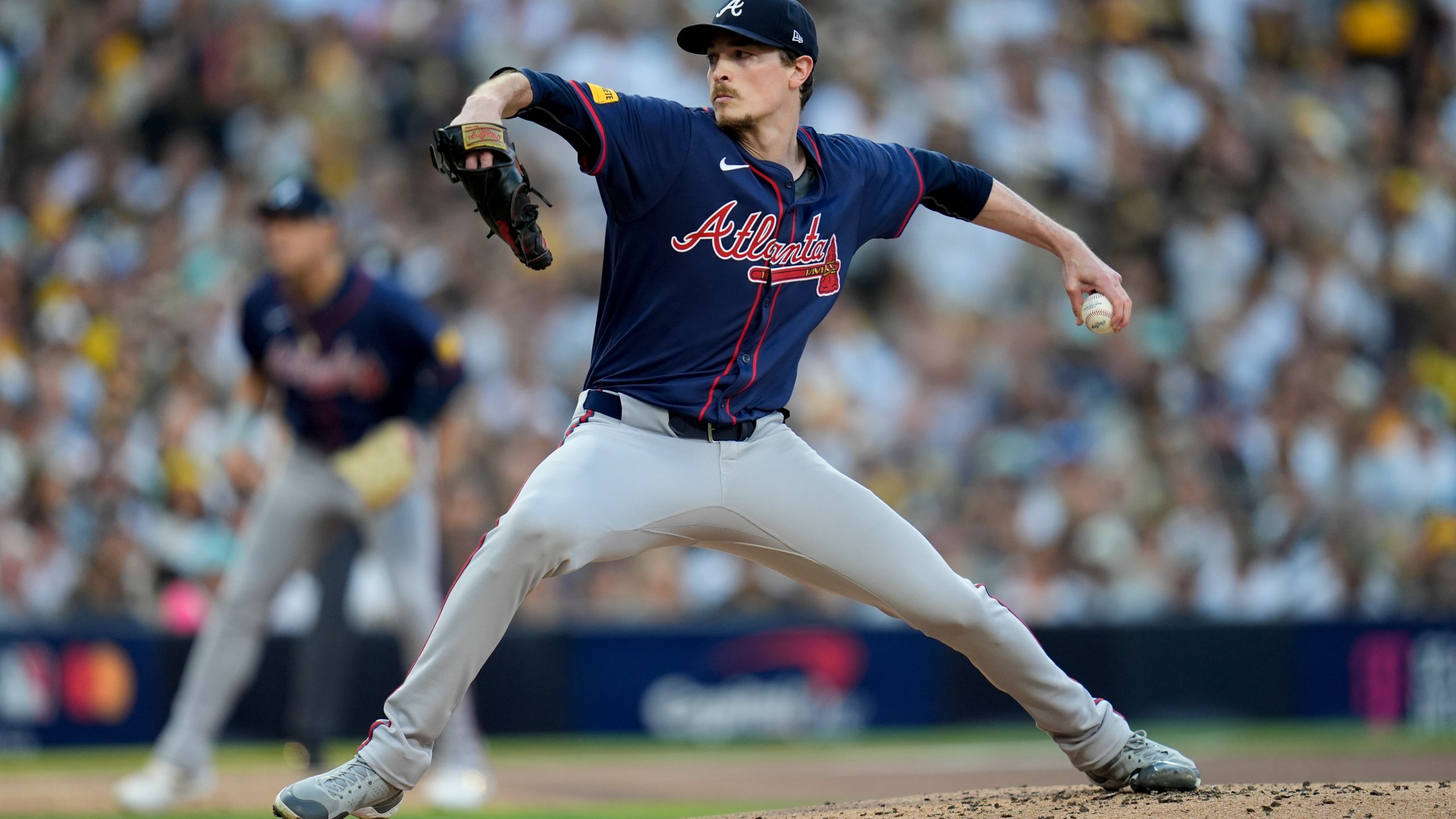 Atlanta Braves starting pitcher Max Fried throws to a San Diego Padres batter during the first inning in Game 2 of an NL Wild Card Series baseball game Wednesday, Oct. 2, 2024, in San Diego. (AP Photo/Gregory Bull)