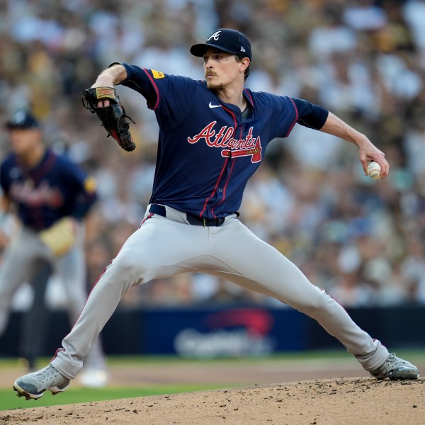 Atlanta Braves starting pitcher Max Fried throws to a San Diego Padres batter during the first inning in Game 2 of an NL Wild Card Series baseball game Wednesday, Oct. 2, 2024, in San Diego. (AP Photo/Gregory Bull)