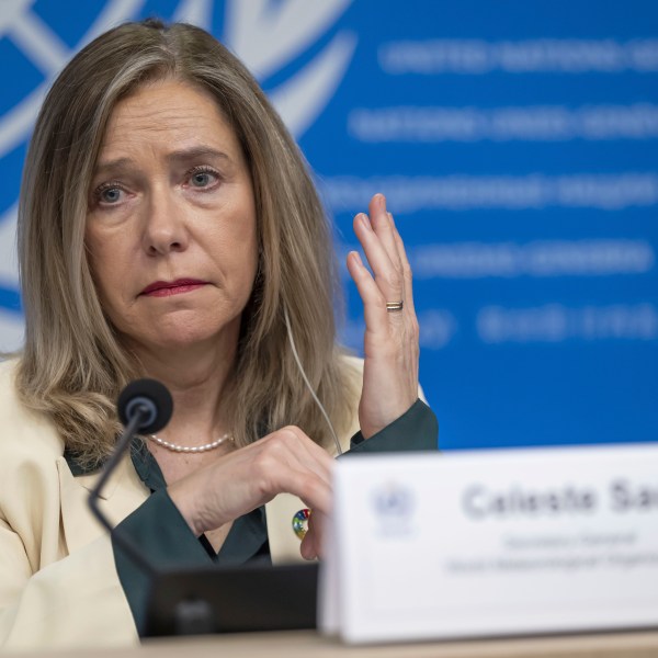 FILE - Celeste Saulo, World Meteorological Organization (WMO) Secretary-General, speaks about the state of Global Climate 2023, during a press conference at the European headquarters of the United Nations in Geneva, Switzerland, Tuesday, March 19, 2024. (Martial Trezzini/Keystone via AP, File)