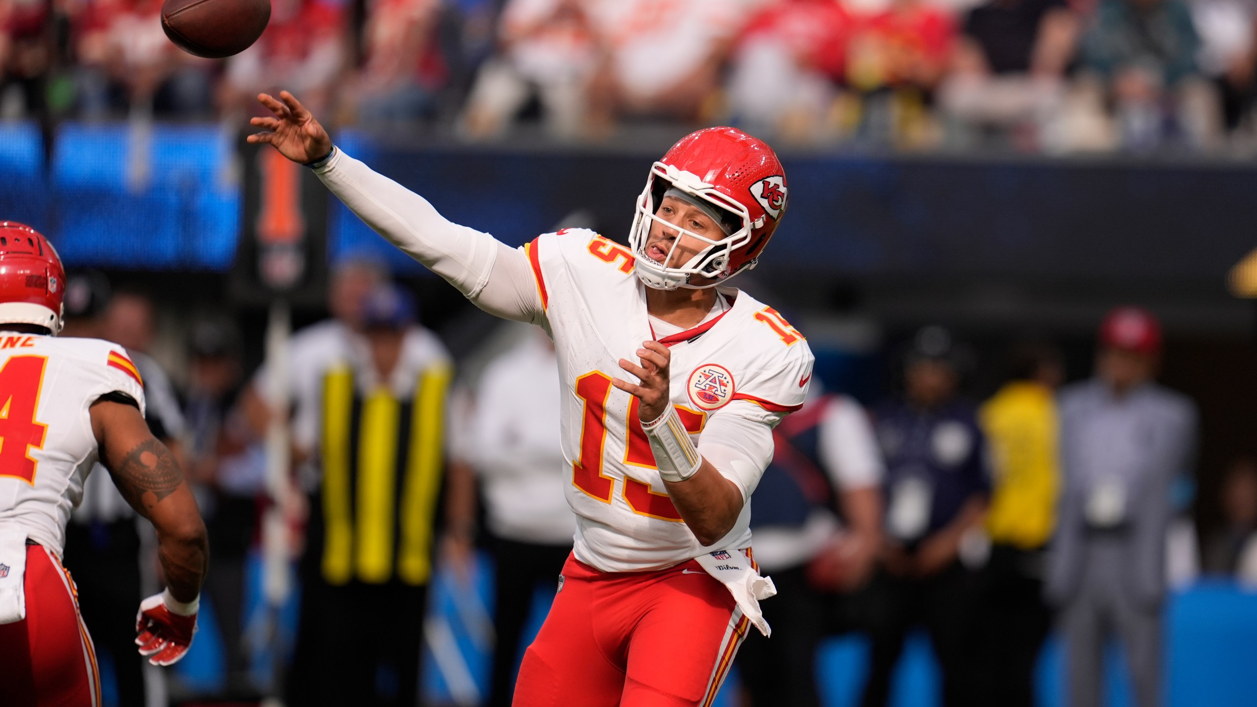 Kansas City Chiefs quarterback Patrick Mahomes throws during the second half of an NFL football game against the Los Angeles Chargers Sunday, Sept. 29, 2024, in Inglewood, Calif. (AP Photo/Marcio Jose Sanchez)