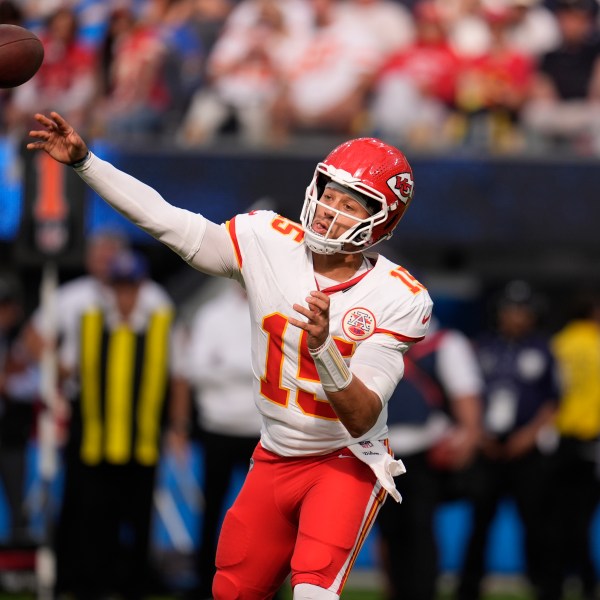 Kansas City Chiefs quarterback Patrick Mahomes throws during the second half of an NFL football game against the Los Angeles Chargers Sunday, Sept. 29, 2024, in Inglewood, Calif. (AP Photo/Marcio Jose Sanchez)