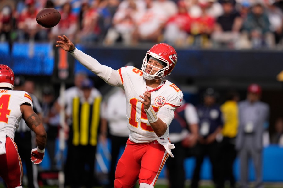 Kansas City Chiefs quarterback Patrick Mahomes throws during the second half of an NFL football game against the Los Angeles Chargers Sunday, Sept. 29, 2024, in Inglewood, Calif. (AP Photo/Marcio Jose Sanchez)