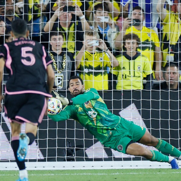 Inter Miami's Drake Callender makes a save on a Columbus Crew penalty kick during the second half of an MLS soccer match, Wednesday, Oct. 2, 2024, in Columbus, Ohio. (AP Photo/Jay LaPrete)