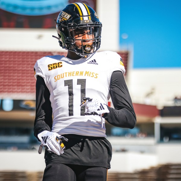 FILE - This photo provided by the University of Southern Mississippi Department of Athletics shows Southern Mississippi defensive back Marcus "MJ" Daniels Jr. on the Mississippi State University campus in Starkville, Miss., Nov. 18, 2023. (The University of Southern Mississippi Department of Athletics via AP, File)