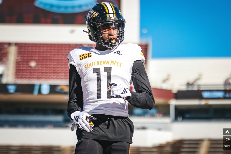 FILE - This photo provided by the University of Southern Mississippi Department of Athletics shows Southern Mississippi defensive back Marcus "MJ" Daniels Jr. on the Mississippi State University campus in Starkville, Miss., Nov. 18, 2023. (The University of Southern Mississippi Department of Athletics via AP, File)