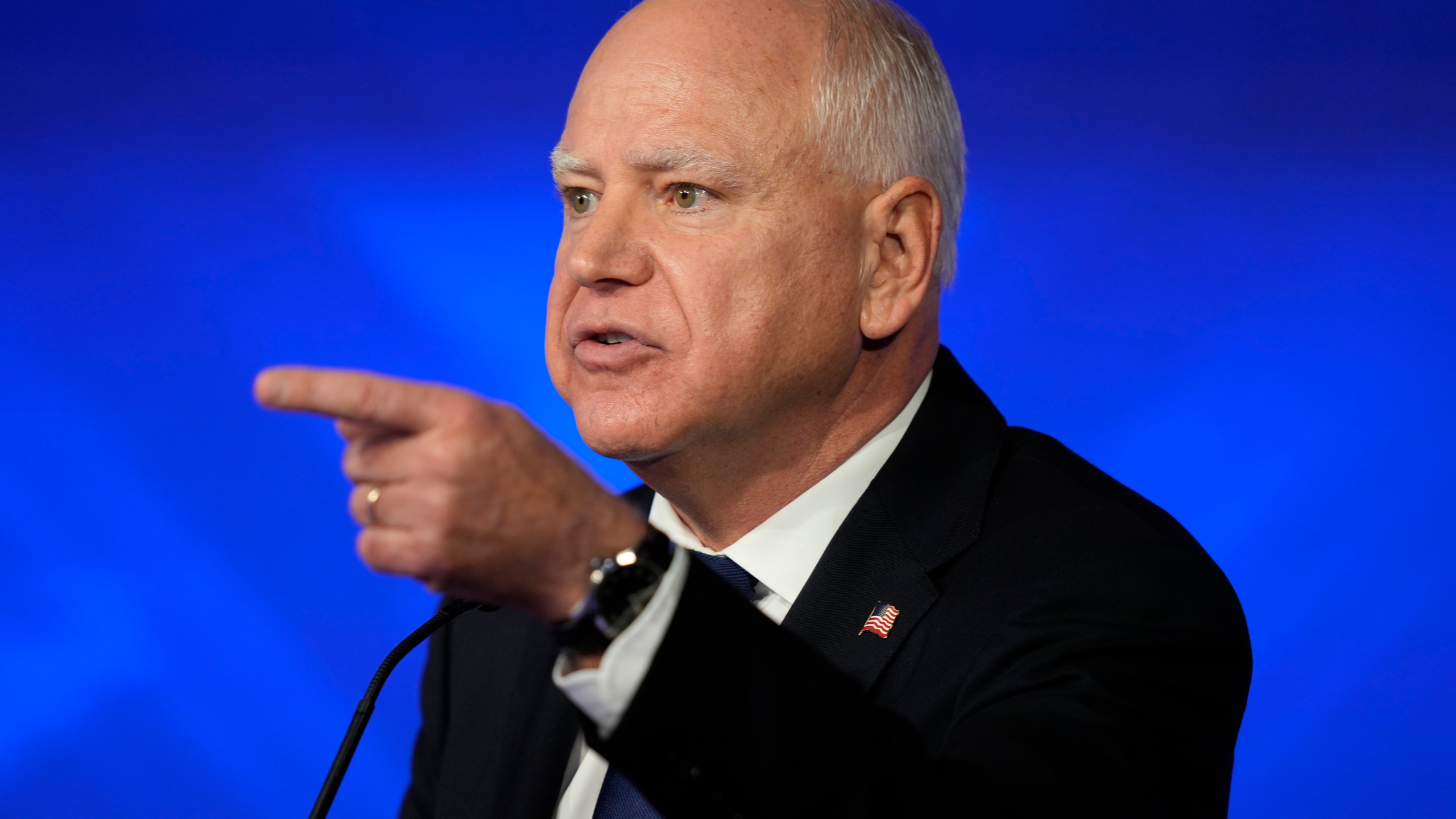 Democratic vice presidential nominee Minnesota Gov. Tim Walz speaks during a vice presidential debate hosted by CBS News, with Republican vice presidential nominee Sen. JD Vance, R-Ohio, Tuesday, Oct. 1, 2024, in New York. (AP Photo/Matt Rourke)