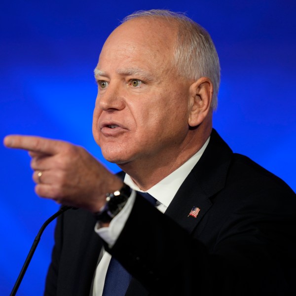 Democratic vice presidential nominee Minnesota Gov. Tim Walz speaks during a vice presidential debate hosted by CBS News, with Republican vice presidential nominee Sen. JD Vance, R-Ohio, Tuesday, Oct. 1, 2024, in New York. (AP Photo/Matt Rourke)