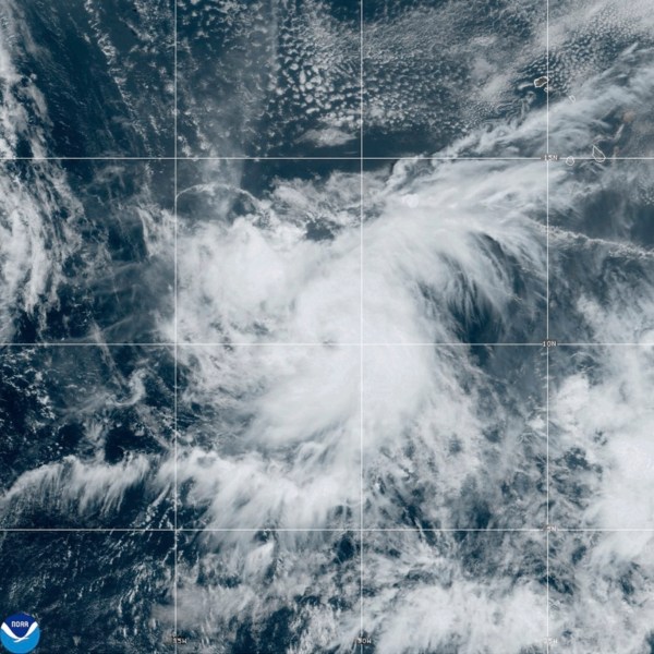 This Satellite image provided by NOAA shows Tropical Storm Leslie, Thursday, Oct. 3, 2024 in the Atlantic Ocean. (NOAA via AP)