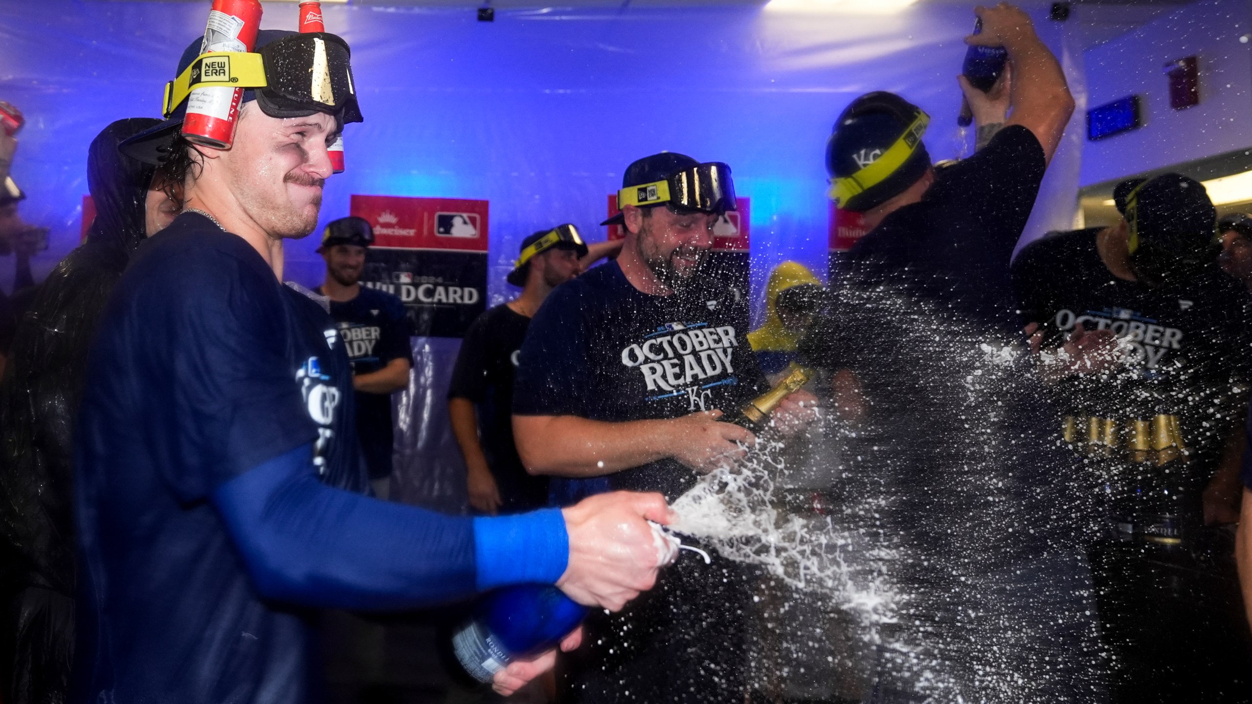 Kansas City Royals shortstop Bobby Witt Jr. celebrates with teammates after defeating the Baltimore Orioles 2-1 in Game 2 of an AL Wild Card Series baseball game, Wednesday, Oct. 2, 2024 in Baltimore. (AP Photo/Stephanie Scarbrough)