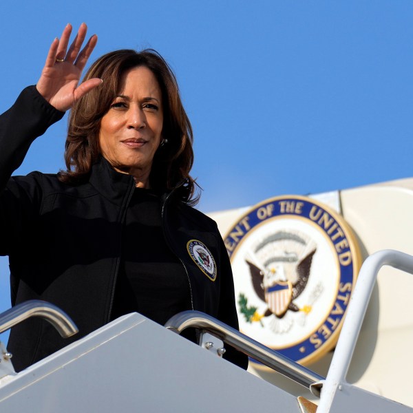 Democratic presidential nominee Vice President Kamala Harris boards Air Force Two at Augusta Regional Airport in Augusta, Ga., Wednesday, Oct. 2, 2024, en route to Washington, after visiting the area impacted by Hurricane Helene. (AP Photo/Carolyn Kaster)