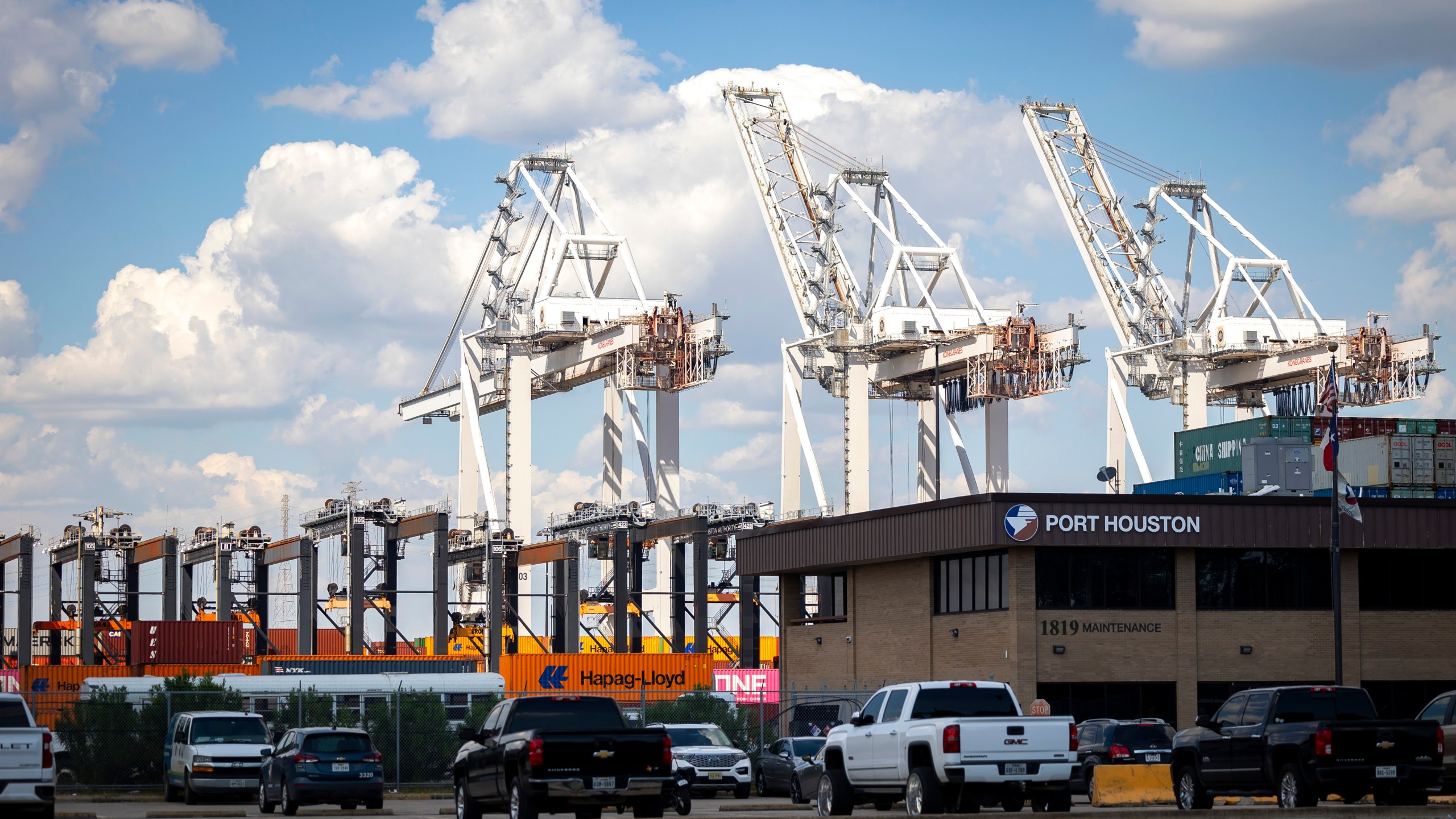 Cranes remain shut down at the Barbours Cut Container Terminal during the first day of a dockworkers strike on Tuesday, Oct. 1, 2024, in Houston. (AP Photo/Annie Mulligan)