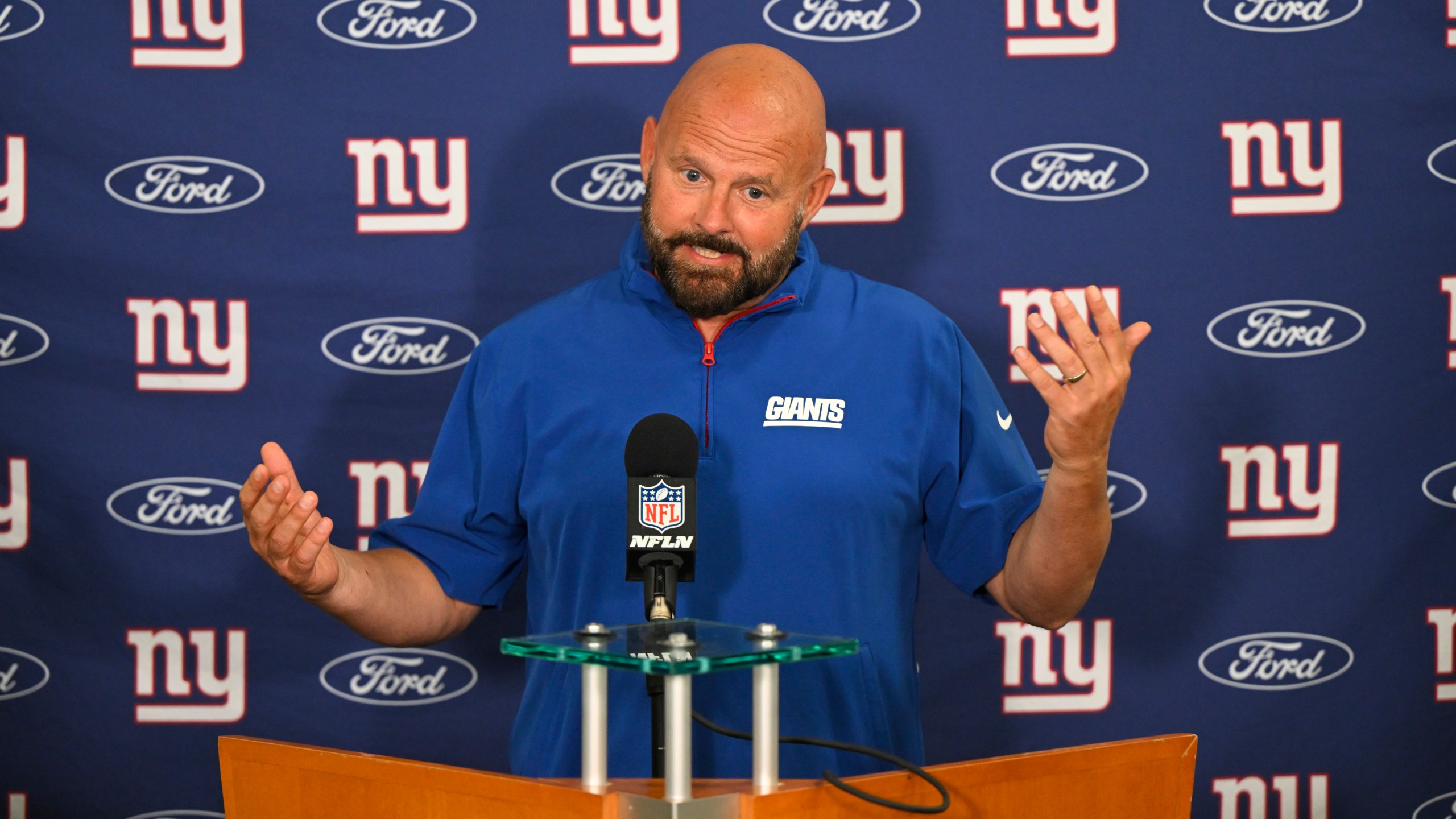 New York Giants head coach Brian Daboll speaks during a news conference following an NFL football game against the Cleveland Browns, Sunday, Sept. 22, 2024, in Cleveland. (AP Photo/David Richard)