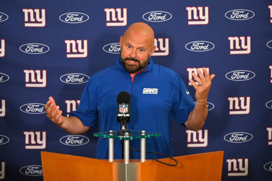 New York Giants head coach Brian Daboll speaks during a news conference following an NFL football game against the Cleveland Browns, Sunday, Sept. 22, 2024, in Cleveland. (AP Photo/David Richard)