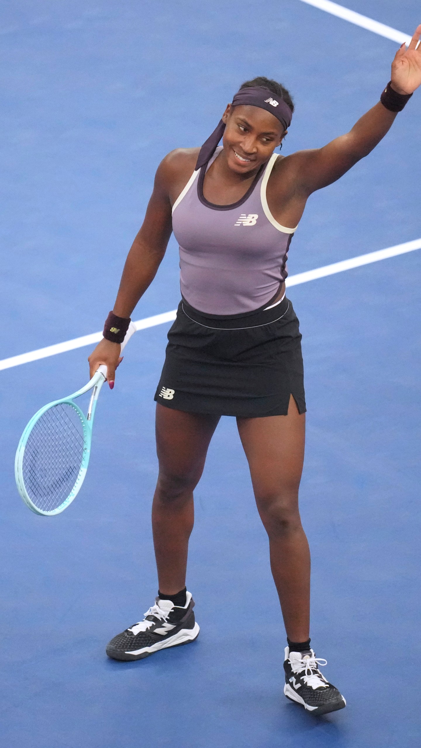 Coco Gauff of the United States celebrates after defeating Paula Badosa of Spain in a women's singles semi-final match for the China Open tennis tournament at the National Tennis Center in Beijing, Saturday, Oct. 5, 2024. (AP Photo/Achmad Ibrahim)