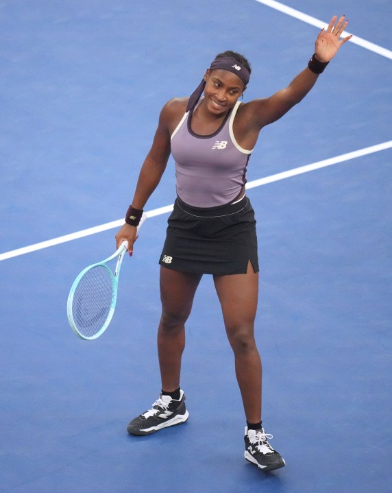 Coco Gauff of the United States celebrates after defeating Paula Badosa of Spain in a women's singles semi-final match for the China Open tennis tournament at the National Tennis Center in Beijing, Saturday, Oct. 5, 2024. (AP Photo/Achmad Ibrahim)