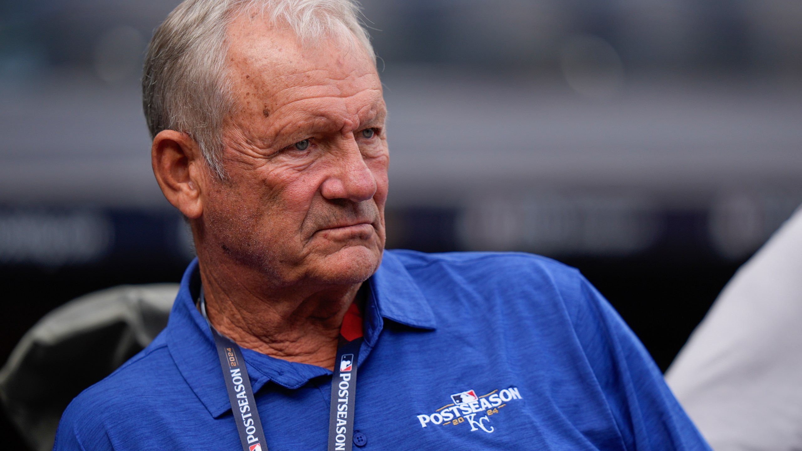 George Brett, Kansas City Royals Hall of Fame infielder and vice president of baseball operations, watches the team work out ahead of an American League Division series baseball game against the New York Yankees, Friday, Oct. 4, 2024, in New York. (AP Photo/Frank Franklin II)