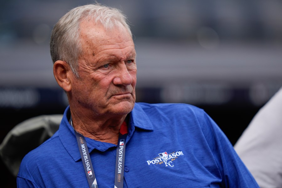 George Brett, Kansas City Royals Hall of Fame infielder and vice president of baseball operations, watches the team work out ahead of an American League Division series baseball game against the New York Yankees, Friday, Oct. 4, 2024, in New York. (AP Photo/Frank Franklin II)